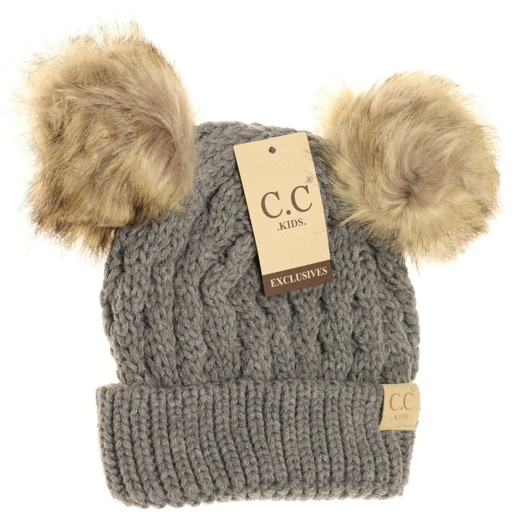 KIDS Cable Knit Double Fur Pom Beanie