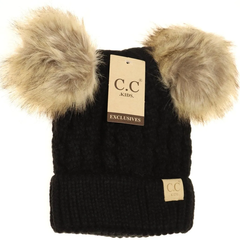 KIDS Cable Knit Double Fur Pom Beanie