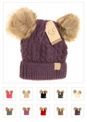 KIDS Cable Knit Double Fur Pom Beanie