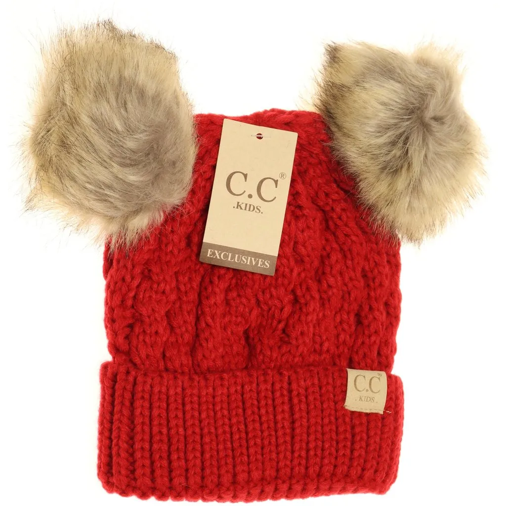 KIDS Cable Knit Double Fur Pom Beanie