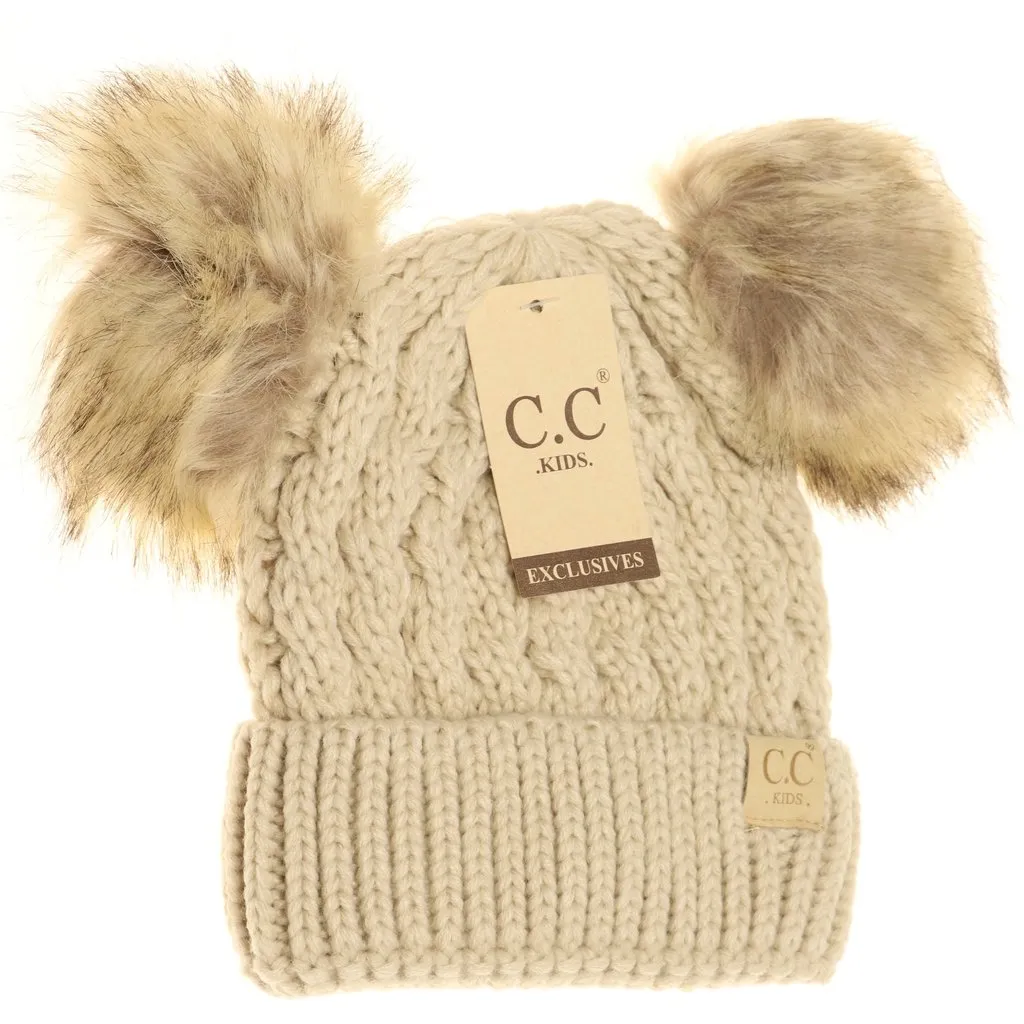 KIDS Cable Knit Double Fur Pom Beanie