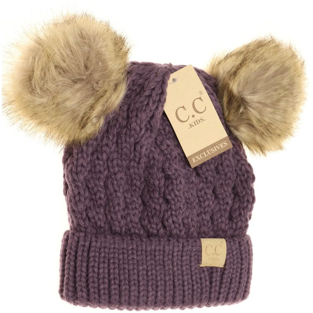 KIDS Cable Knit Double Fur Pom Beanie