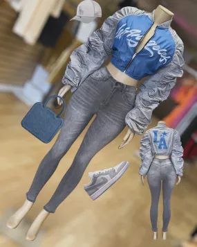 “La” Ruched Sleeve Cropped Bomber Jacket (Grey)