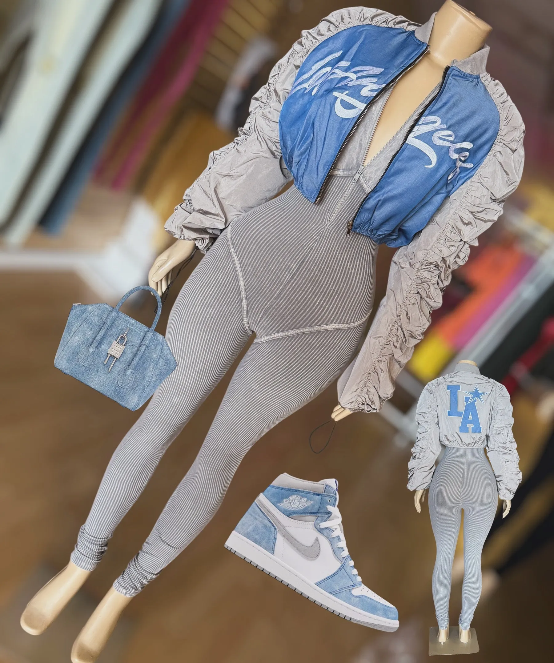 “La” Ruched Sleeve Cropped Bomber Jacket (Grey)