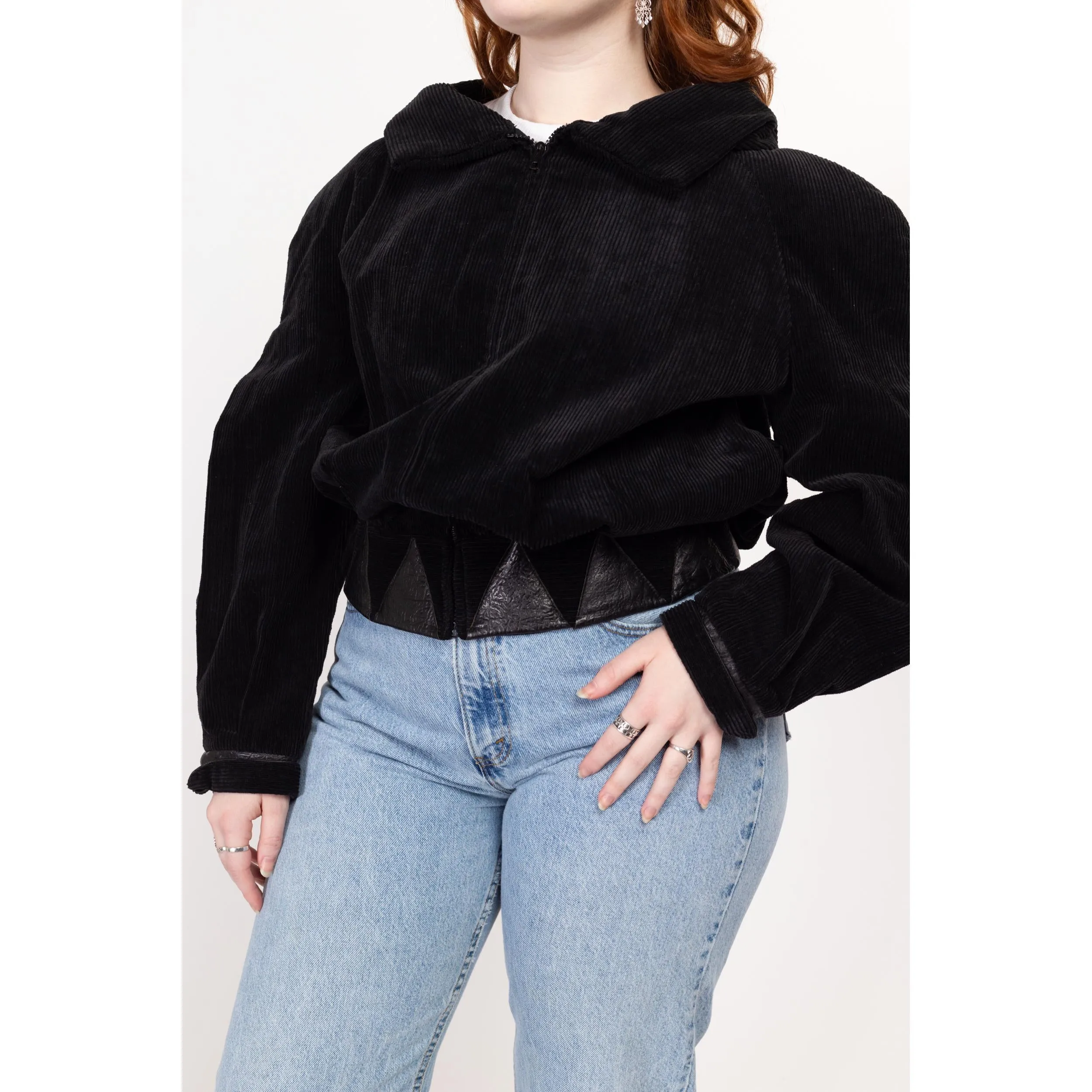 Large 80s Black Corduroy Leather Trim Crop Bomber Jacket