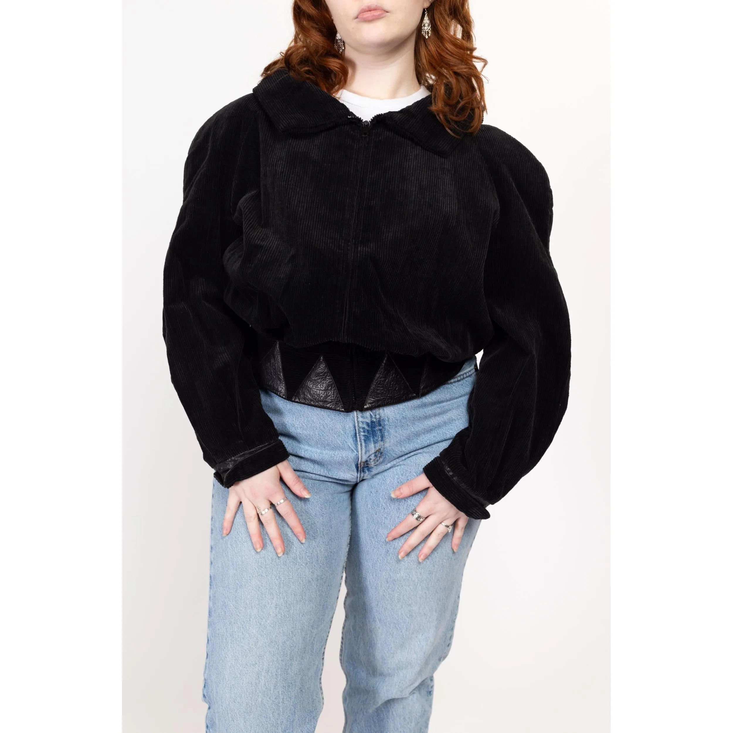 Large 80s Black Corduroy Leather Trim Crop Bomber Jacket