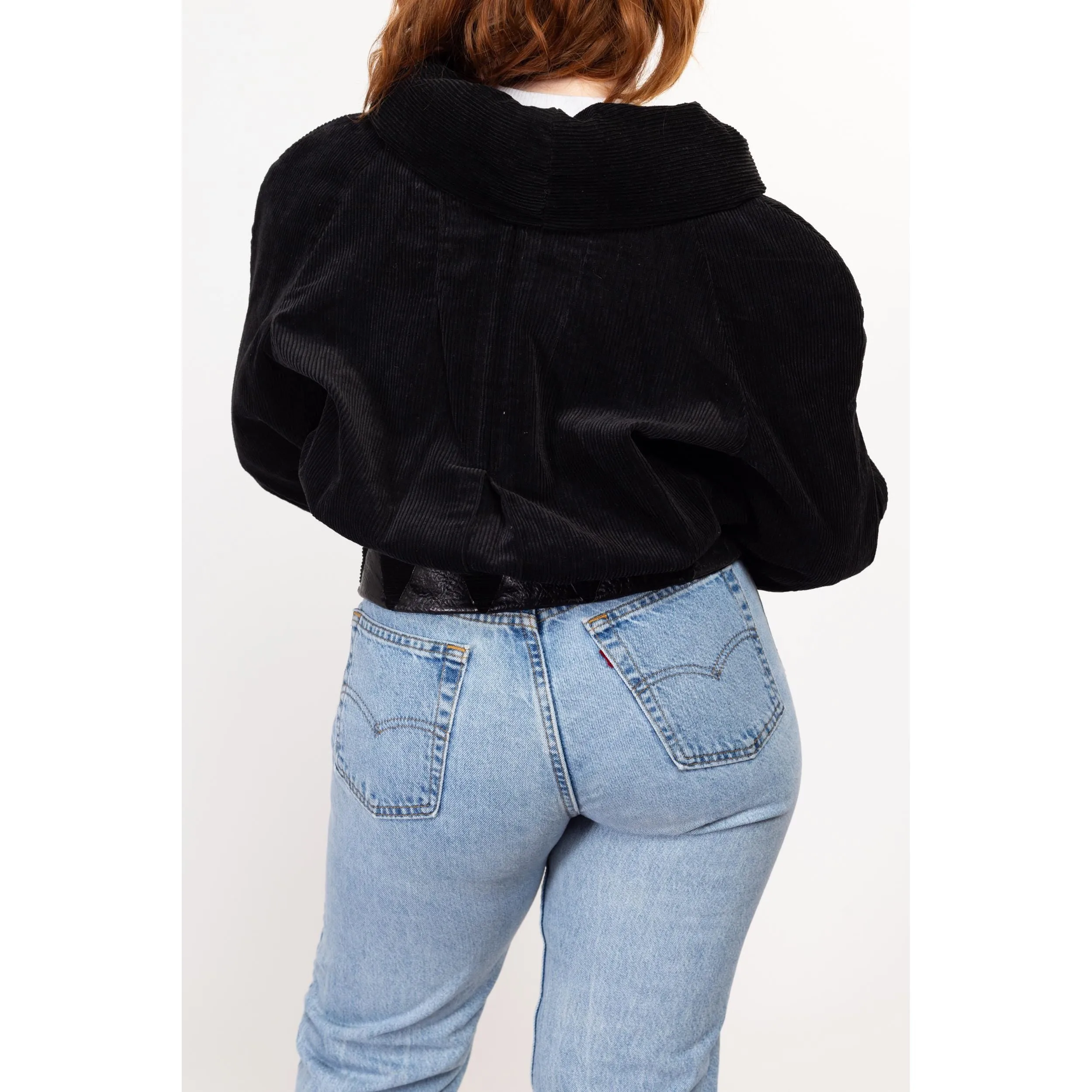 Large 80s Black Corduroy Leather Trim Crop Bomber Jacket