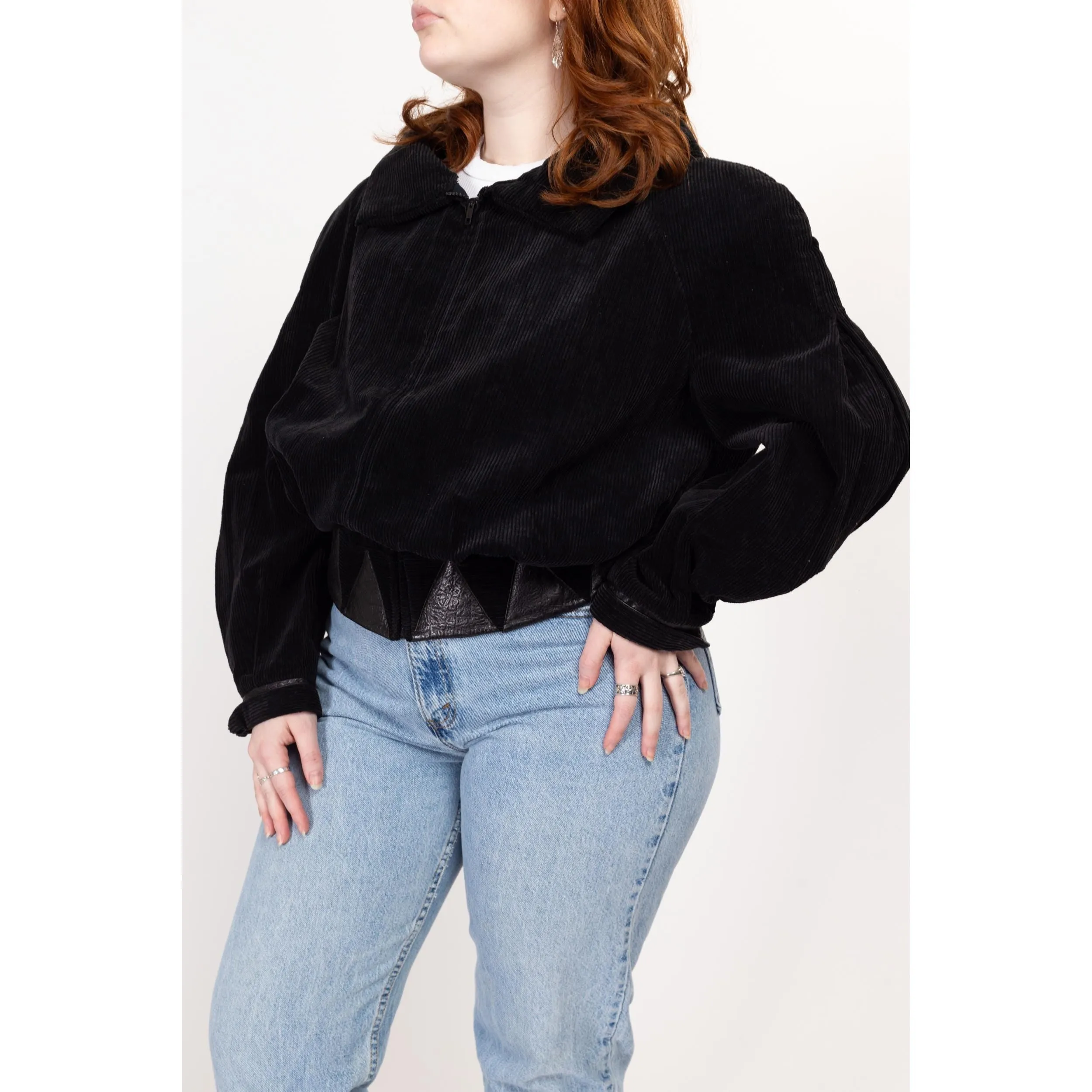 Large 80s Black Corduroy Leather Trim Crop Bomber Jacket