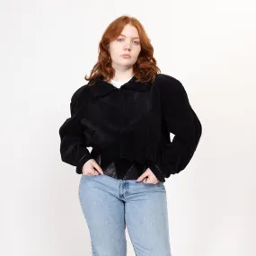 Large 80s Black Corduroy Leather Trim Crop Bomber Jacket