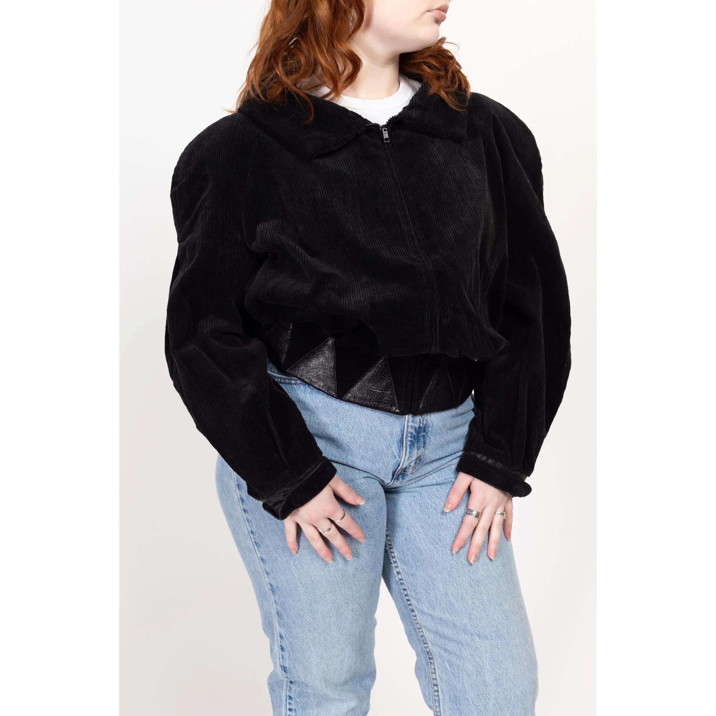 Large 80s Black Corduroy Leather Trim Crop Bomber Jacket