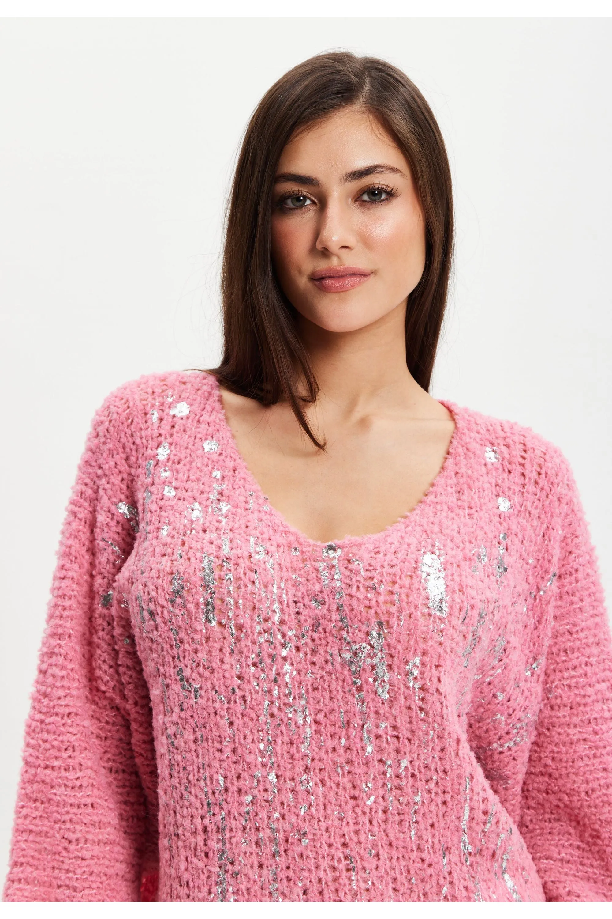 Liquorish Pink Loose Knit Jumper With Metallic Detail