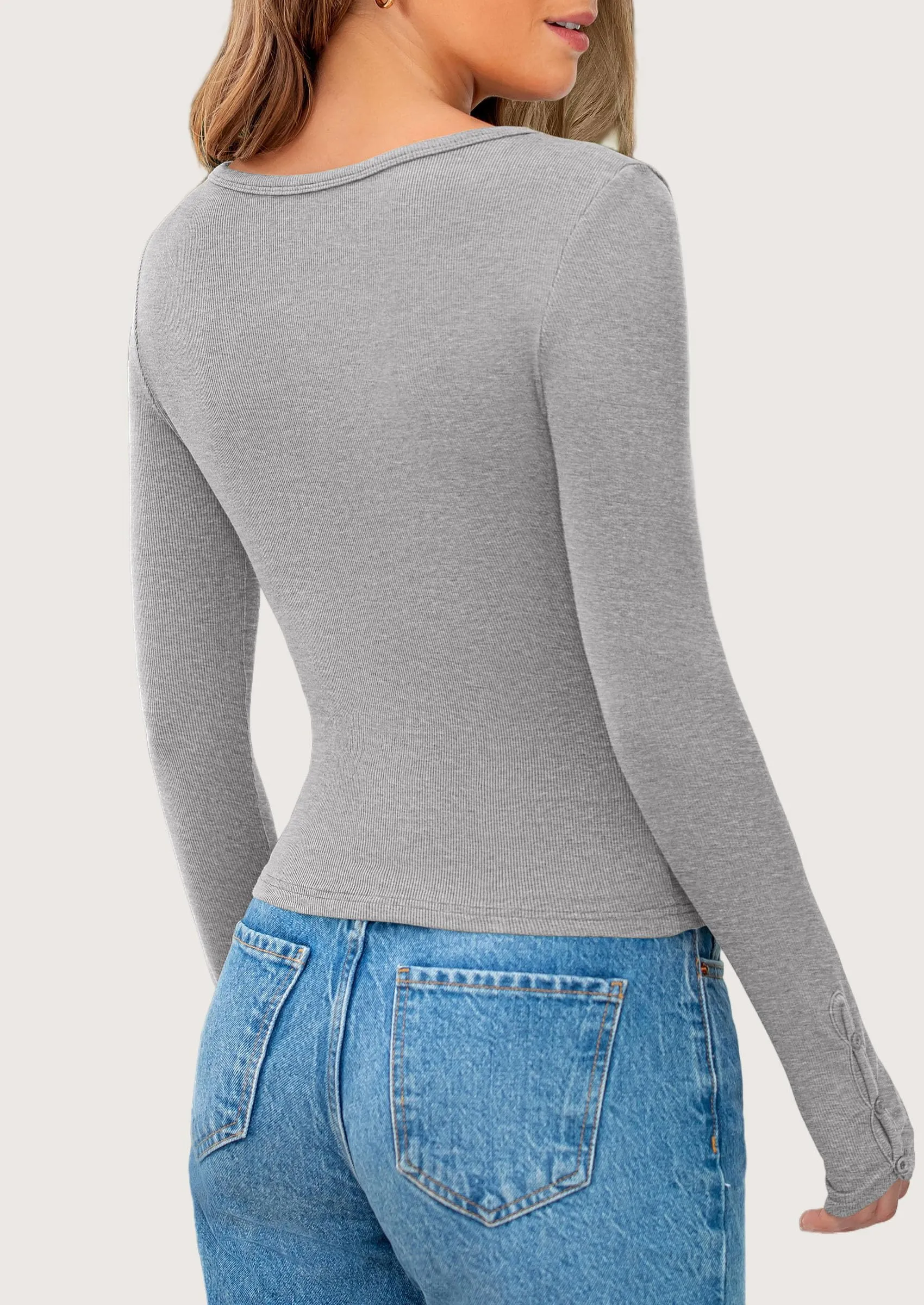Long Sleeve Henley Ribbed Knit Button Up Slim Fitted Basic Casual T-shirts