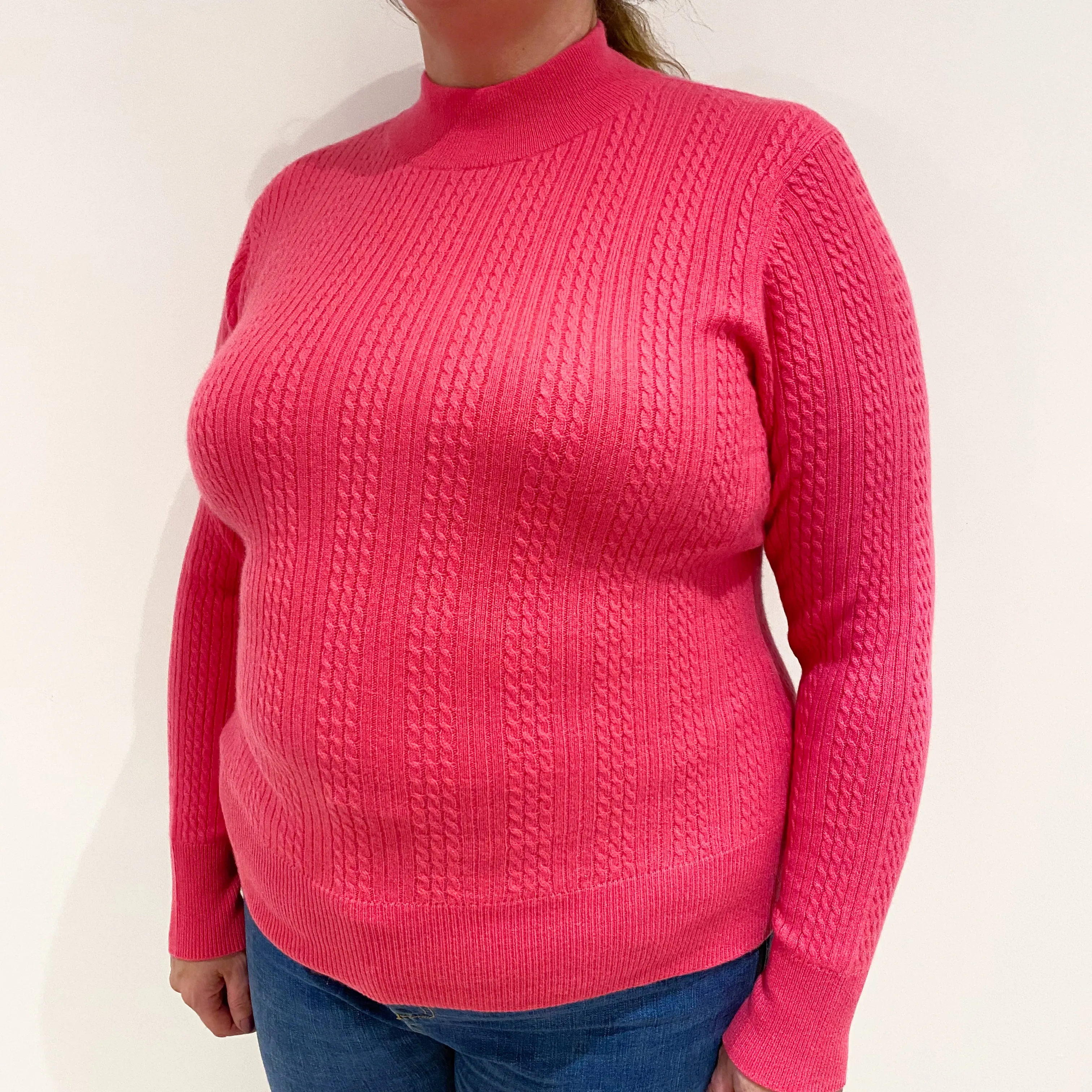Lupin Pink Cable Knit Cashmere Polo Neck Jumper Extra Large