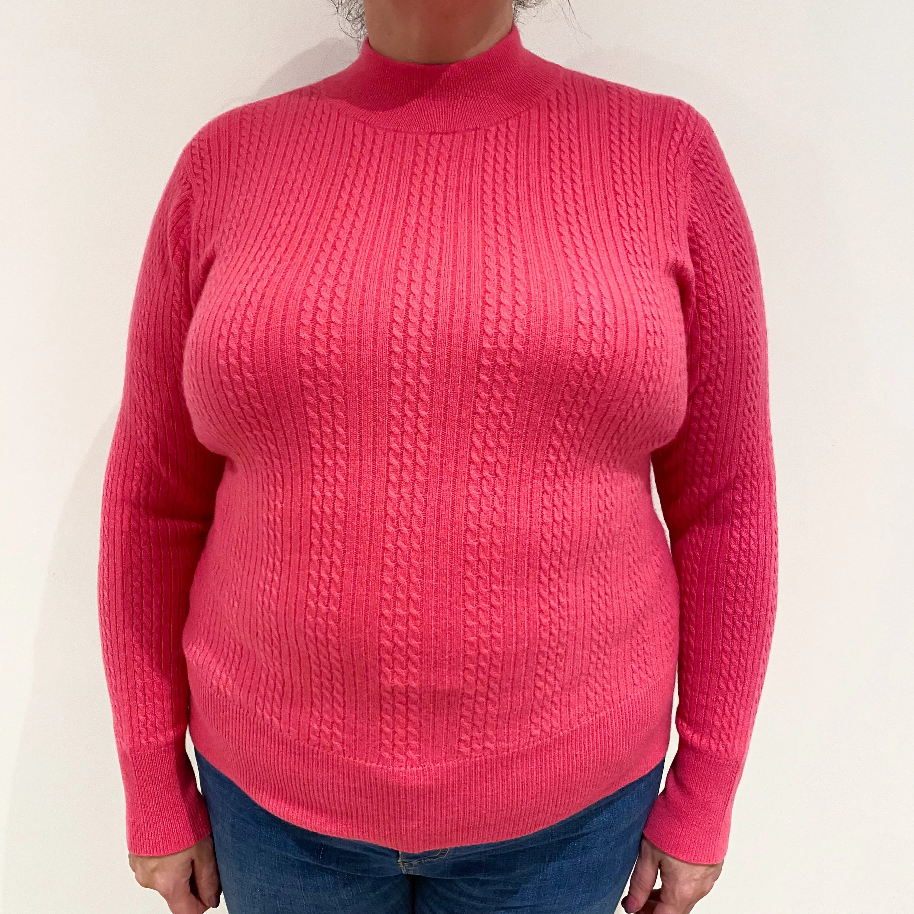 Lupin Pink Cable Knit Cashmere Polo Neck Jumper Extra Large