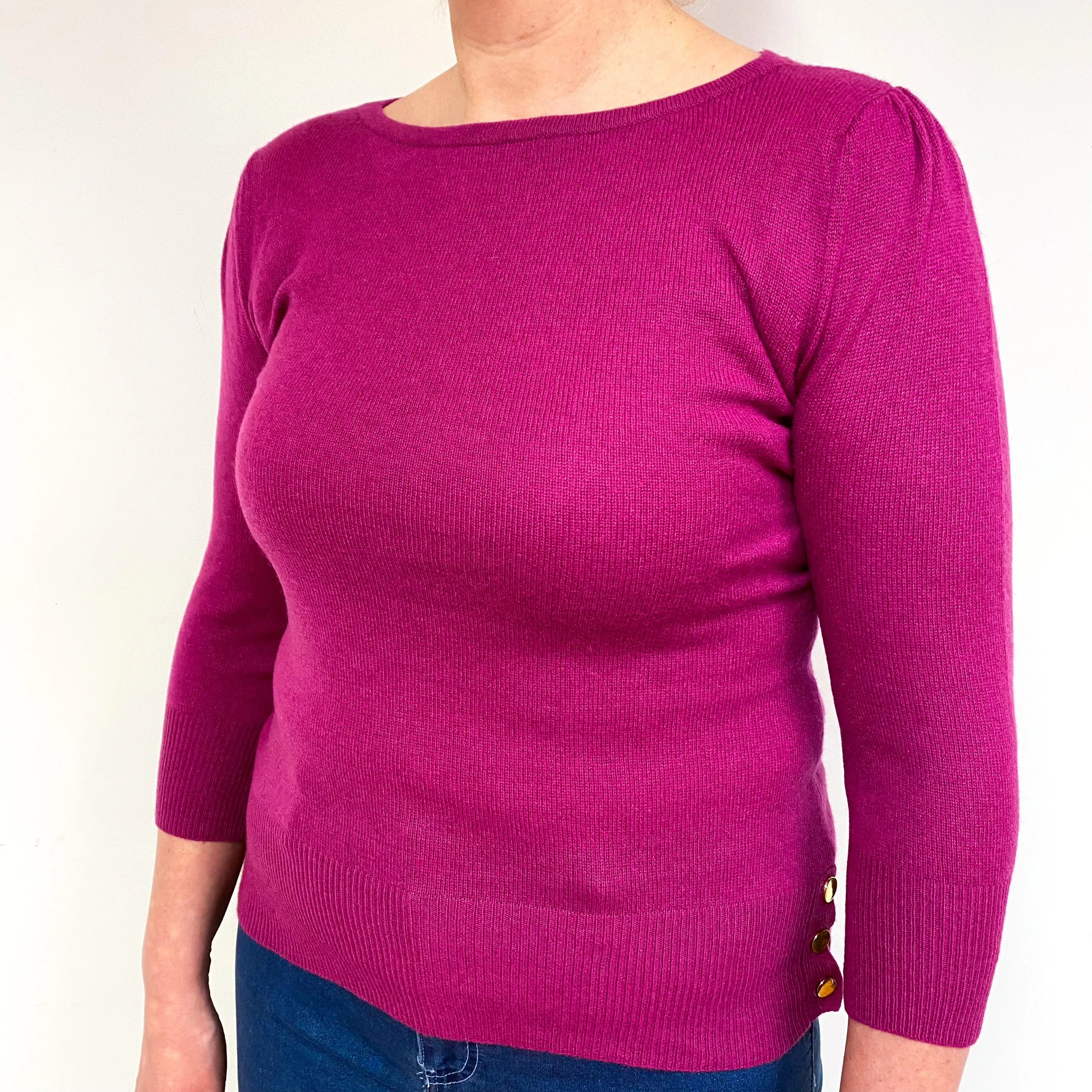 Magenta Pink 3/4 Sleeve Cashmere Boat Neck Jumper Large
