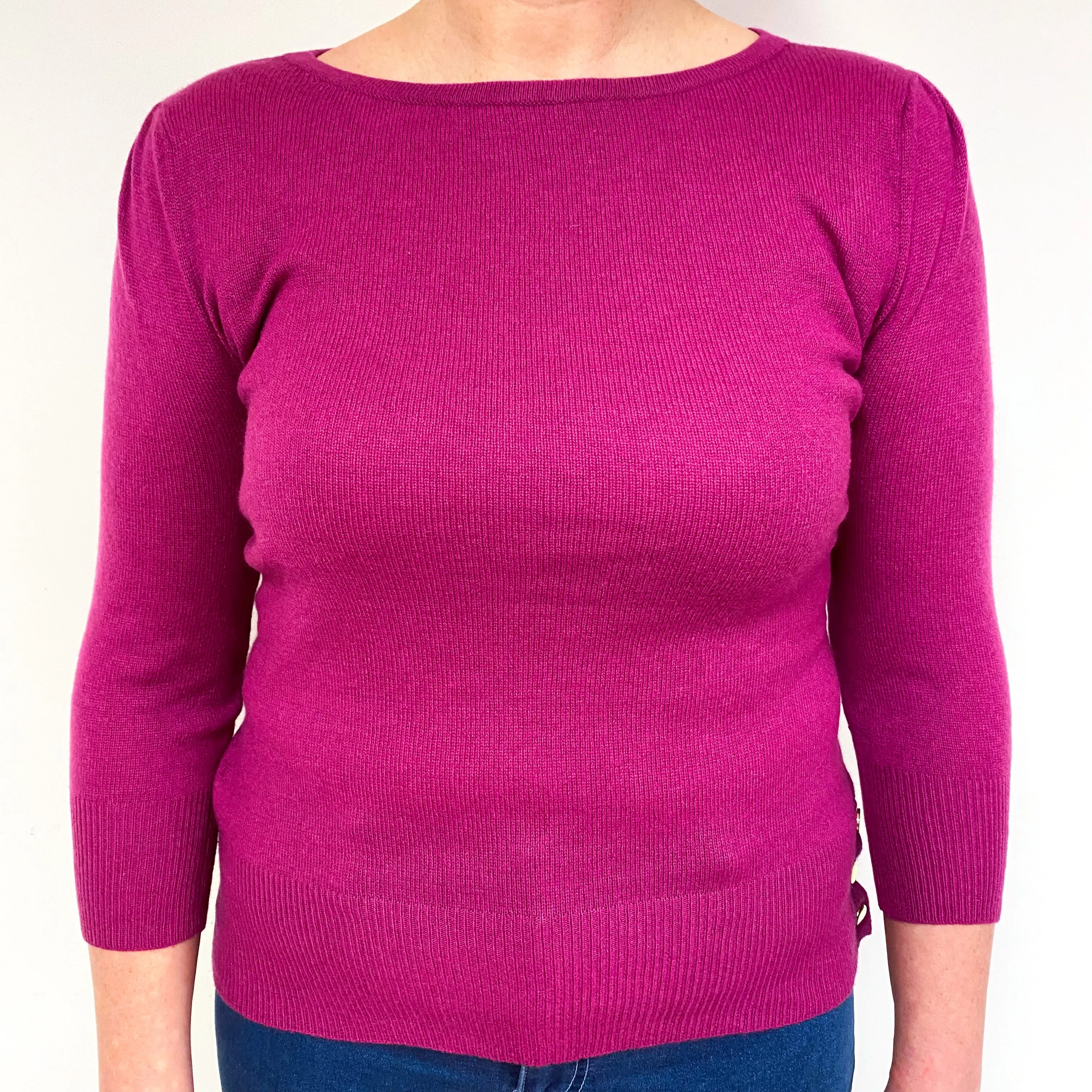 Magenta Pink 3/4 Sleeve Cashmere Boat Neck Jumper Large