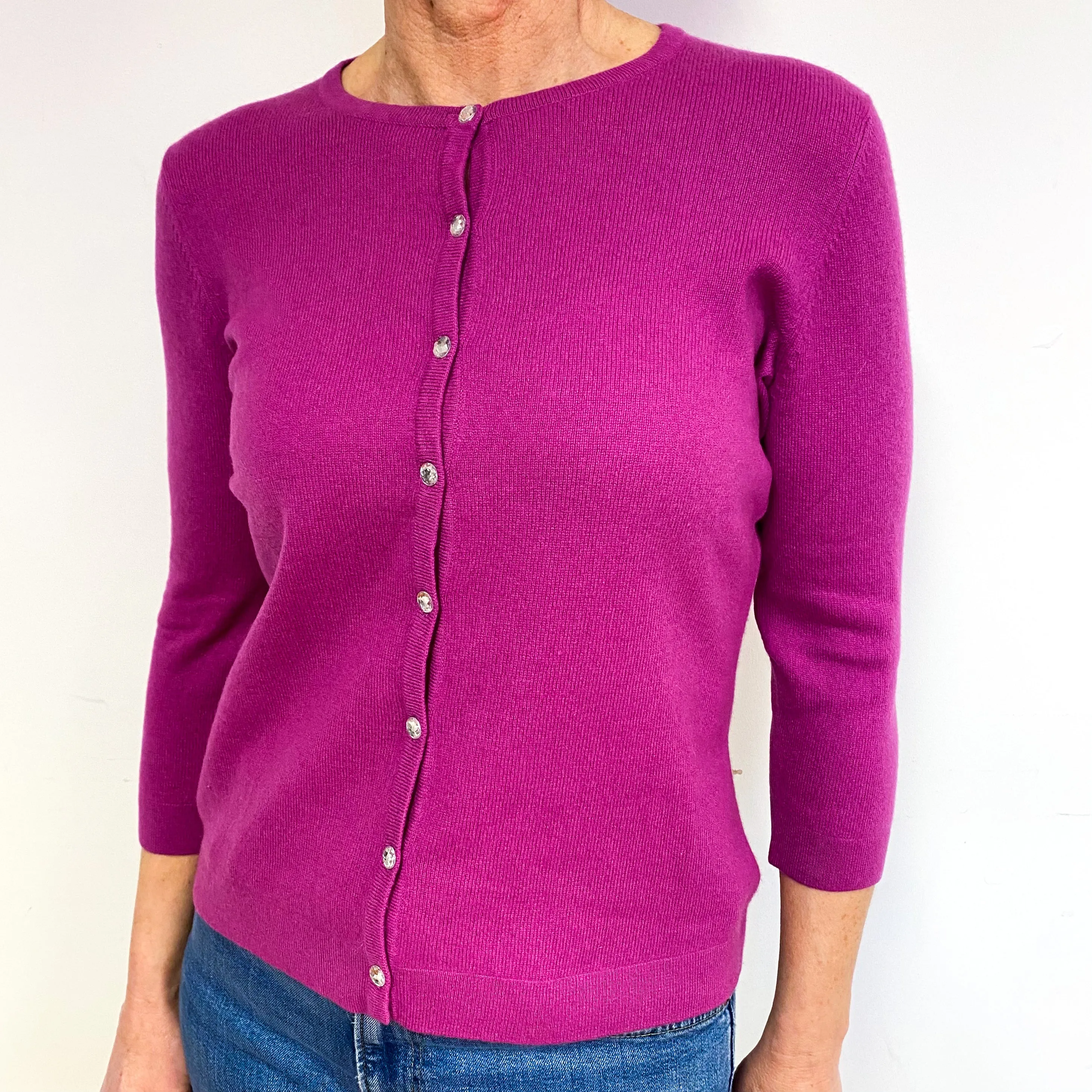 Magenta Pink 3/4 Sleeve Cashmere Crew Neck Cardigan Medium