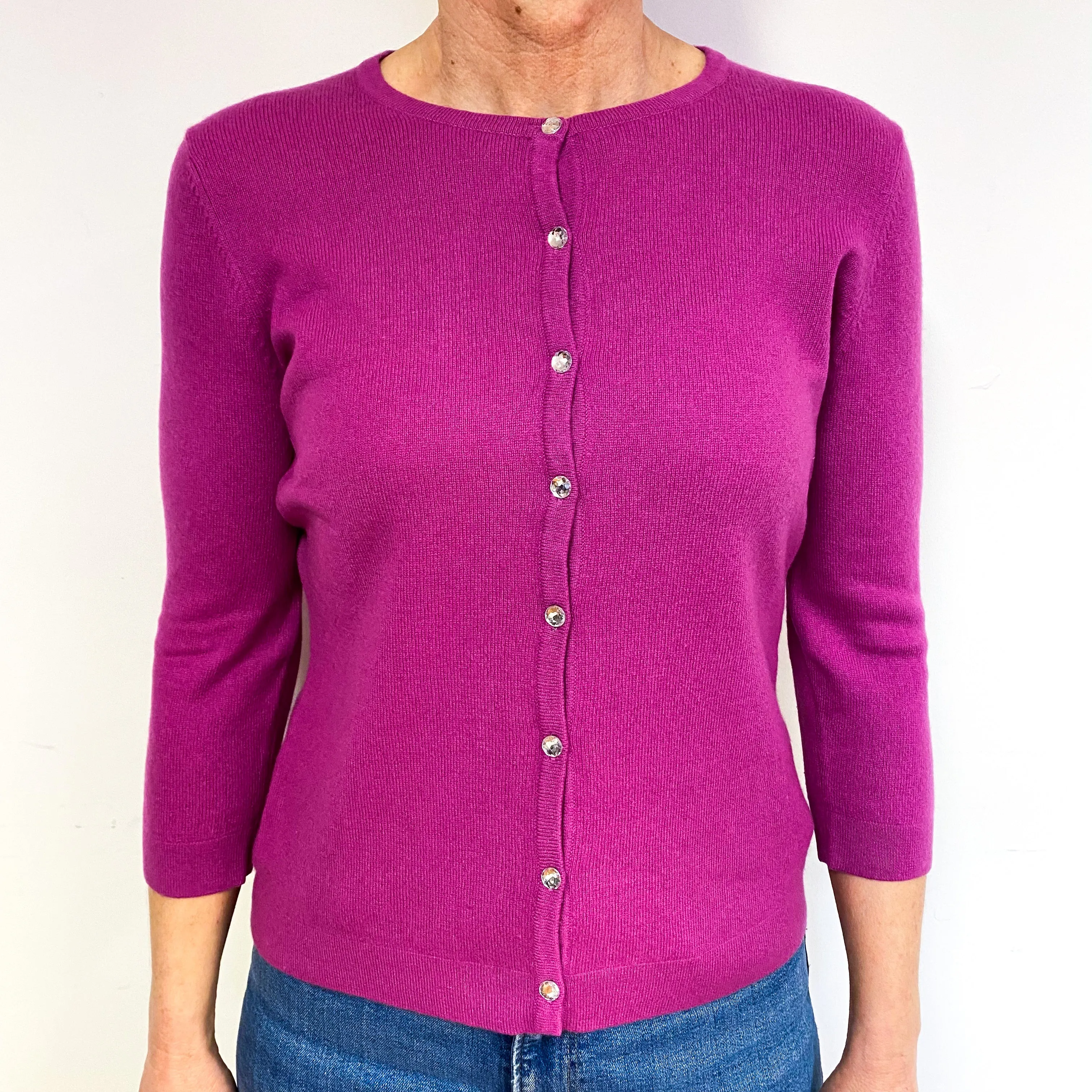 Magenta Pink 3/4 Sleeve Cashmere Crew Neck Cardigan Medium