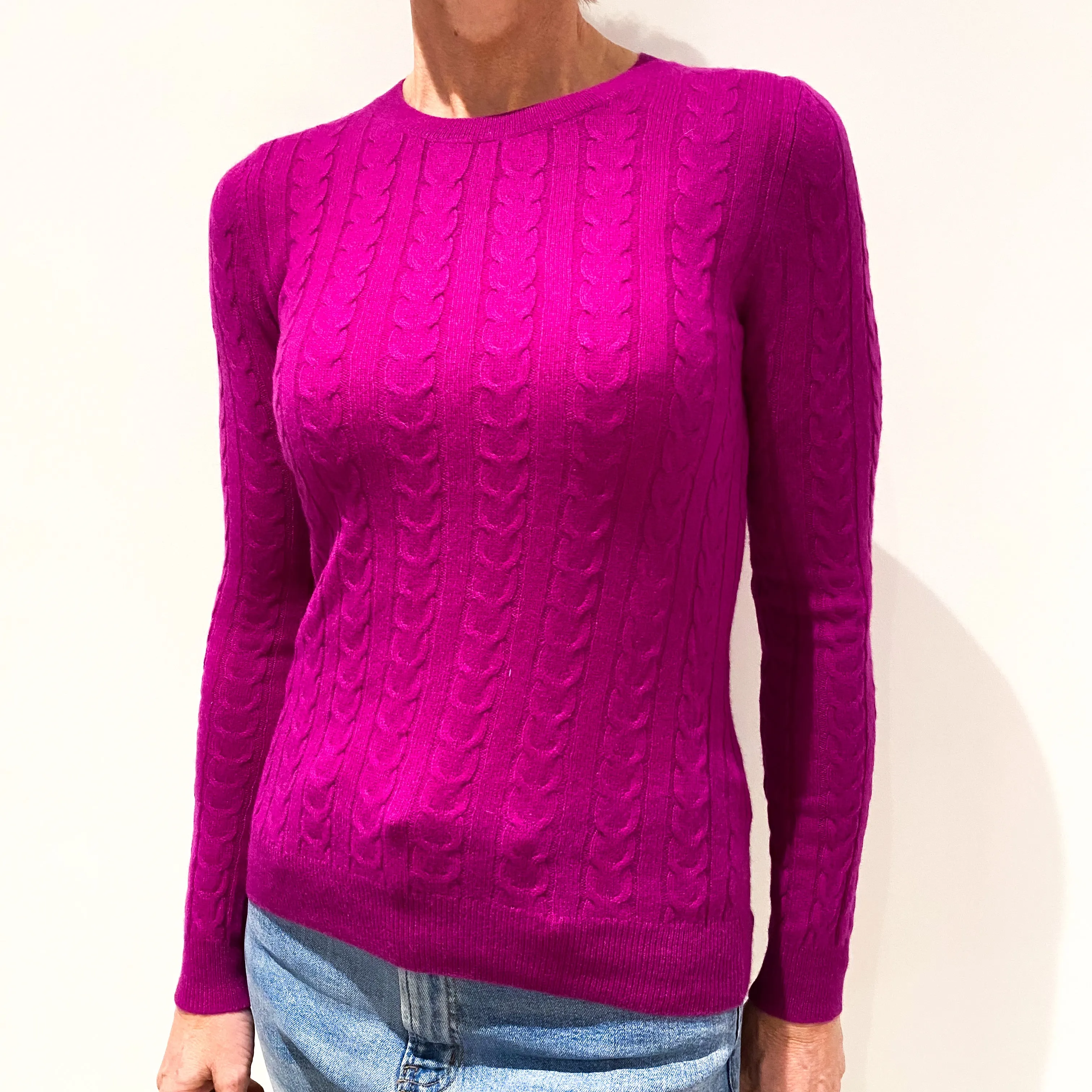 Magenta Pink Cable Knit Cashmere Crew Neck Jumper Small