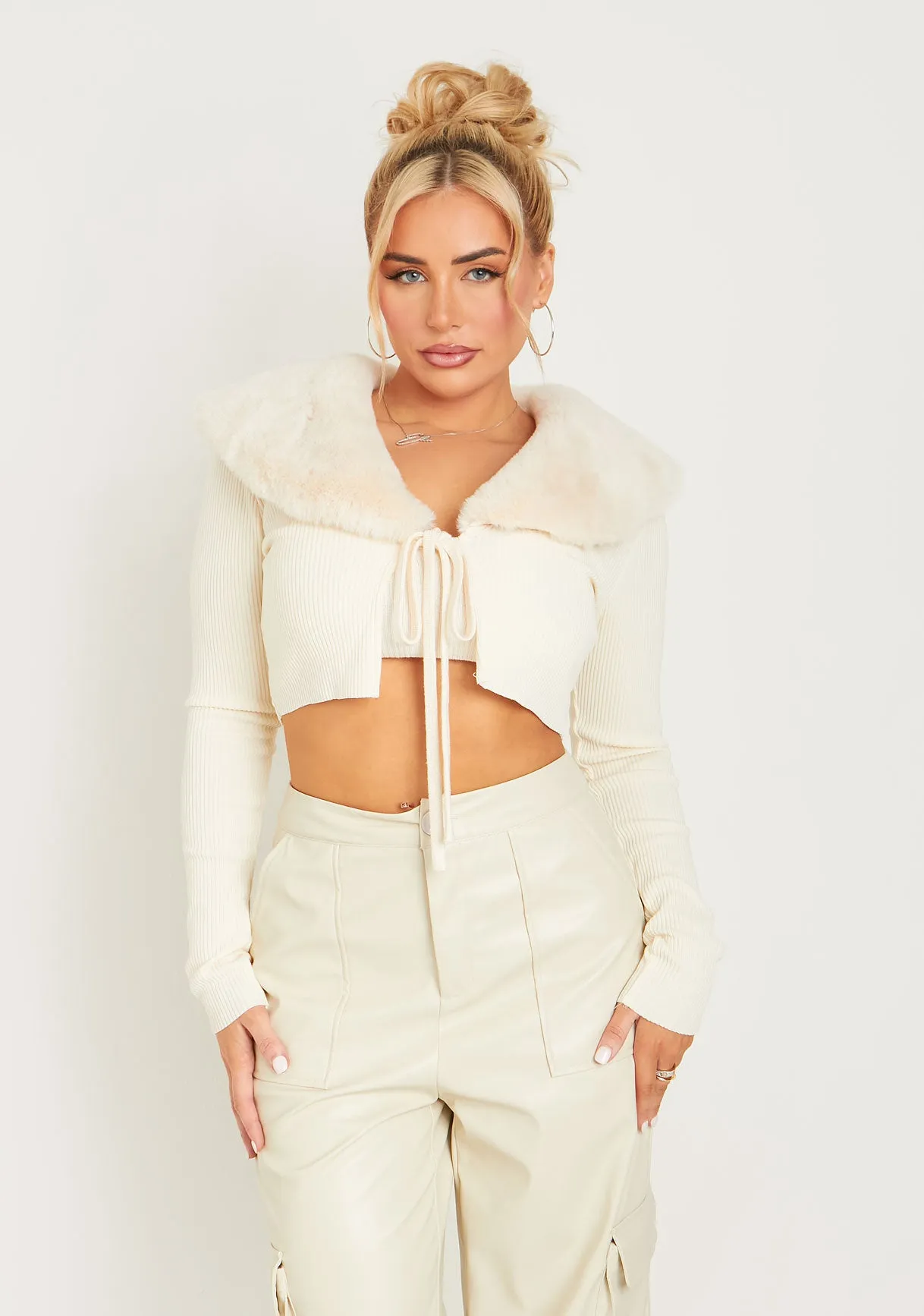 Meghan Cream Thick Rib Faux Fur Tie Front Cropped Cardigan