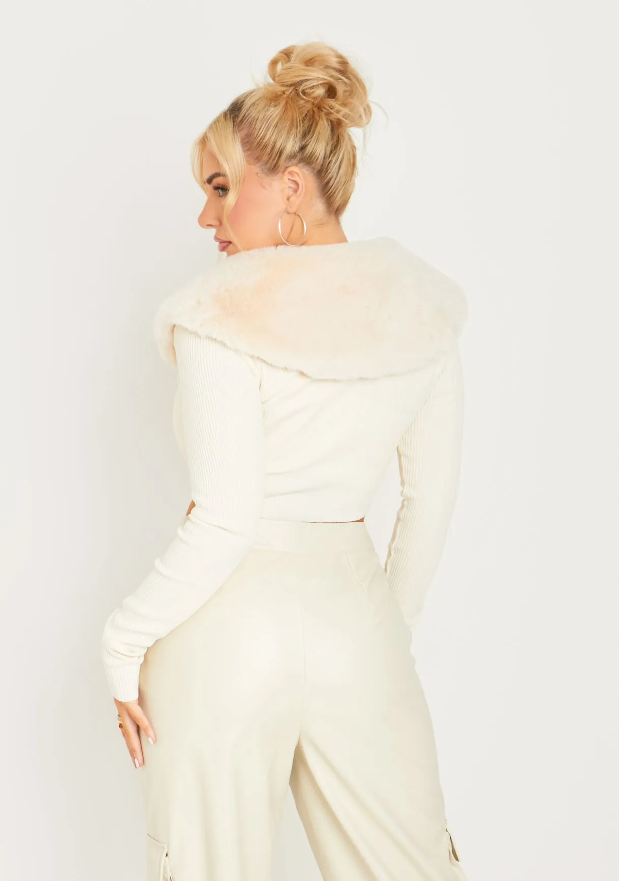 Meghan Cream Thick Rib Faux Fur Tie Front Cropped Cardigan