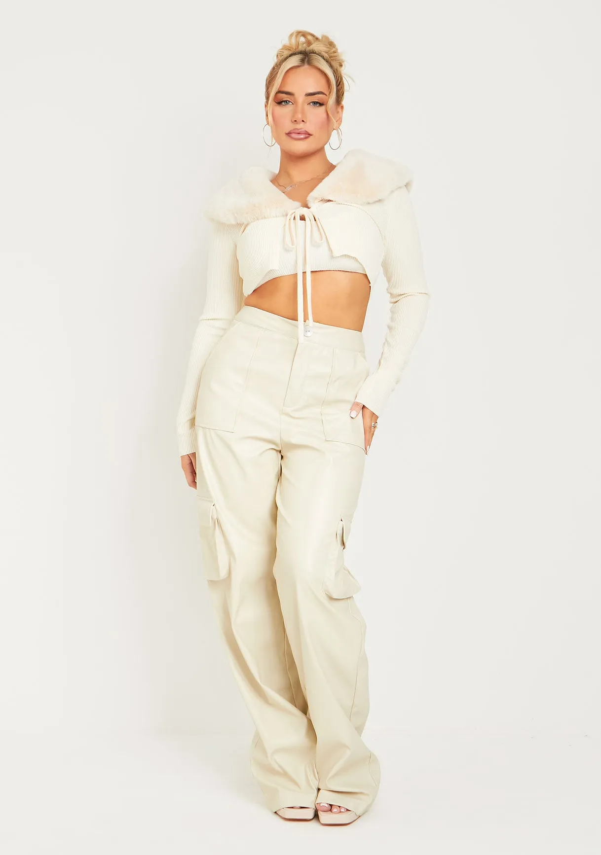 Meghan Cream Thick Rib Faux Fur Tie Front Cropped Cardigan