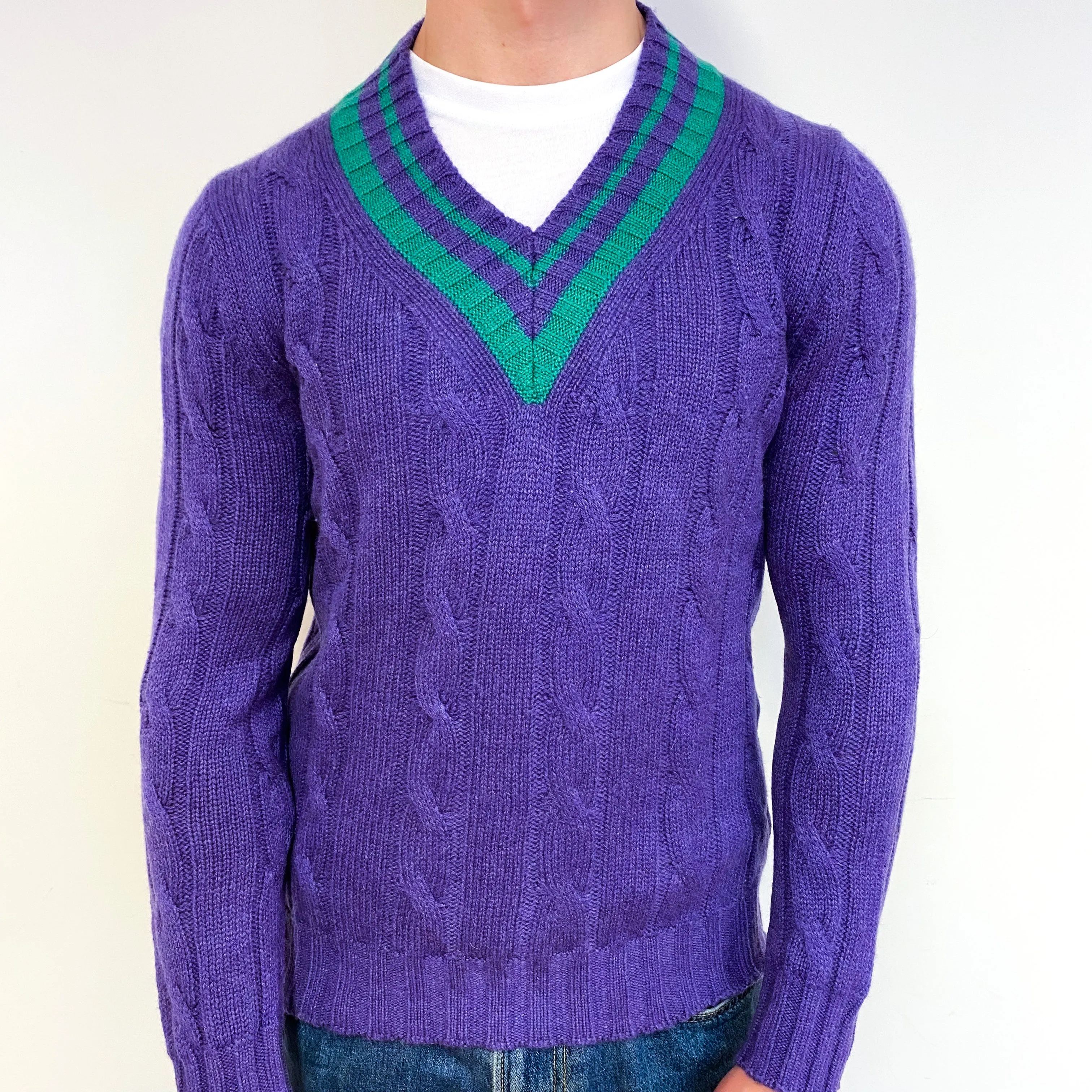Men's Amethyst Purple Chunky Cashmere V-Neck Jumper Small