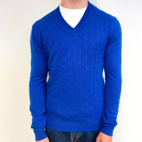 Men's Azure Blue Cable Cashmere V-Neck Jumper Small