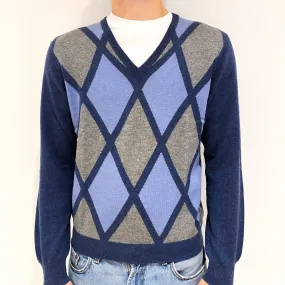 Men's Blue Grey Diamond Pattern Cashmere V-Neck Jumper Medium
