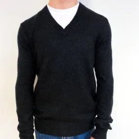 Men's Charcoal Grey Cashmere V-Neck Jumper Small