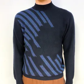 Men's Navy Blue Patterned Cashmere Turtle Neck Jumper Large