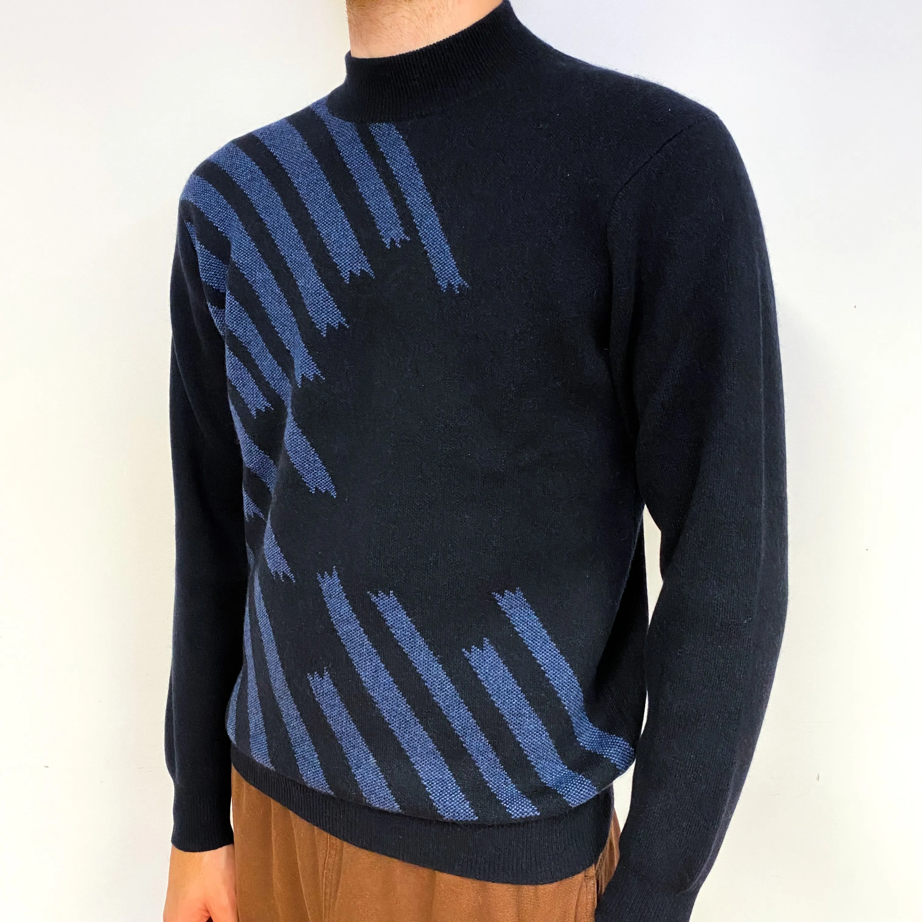 Men's Navy Blue Patterned Cashmere Turtle Neck Jumper Large