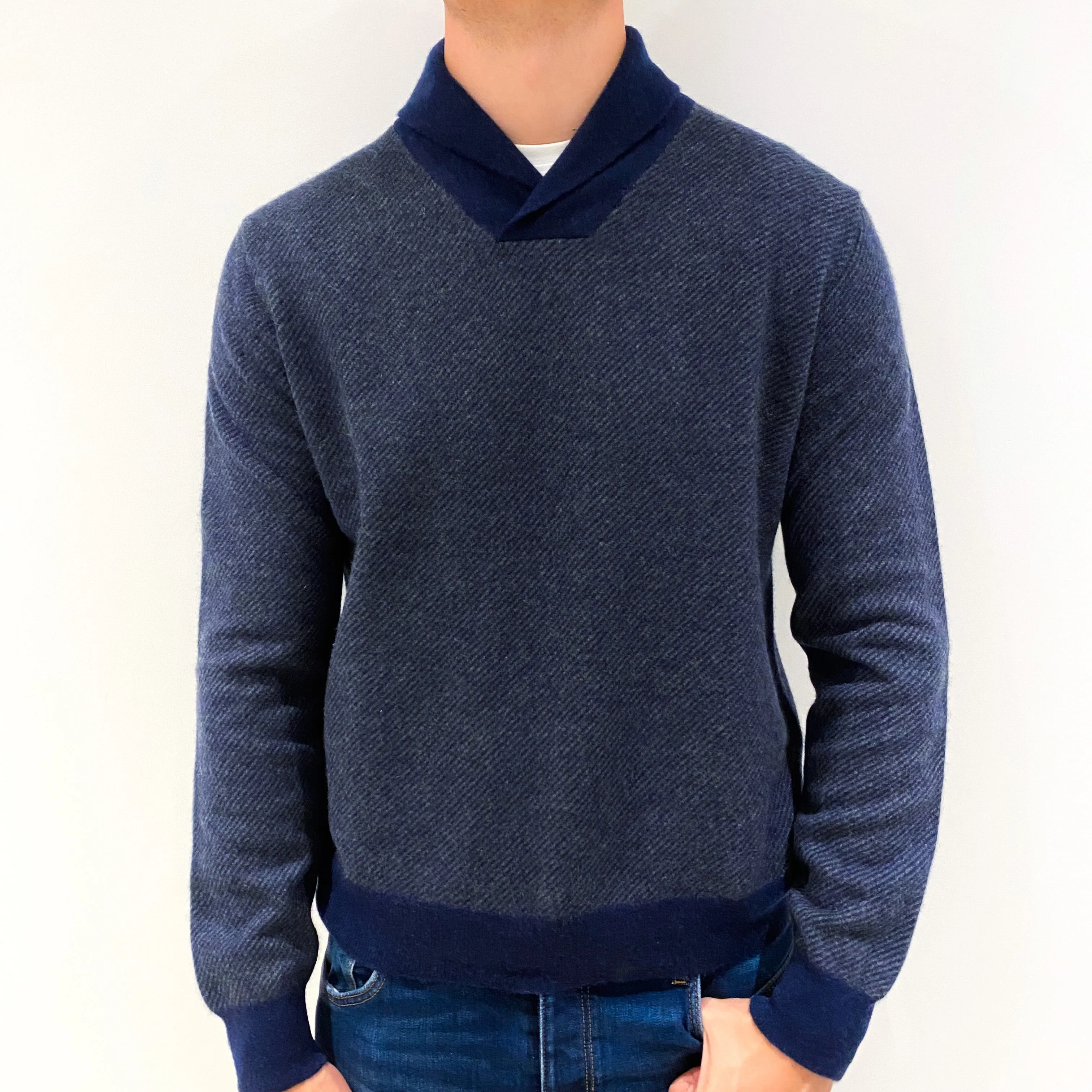 Men's Navy Stripe Cashmere Shawl Collar Jumper Extra Large