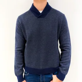 Men's Navy Stripe Cashmere Shawl Collar Jumper Extra Large