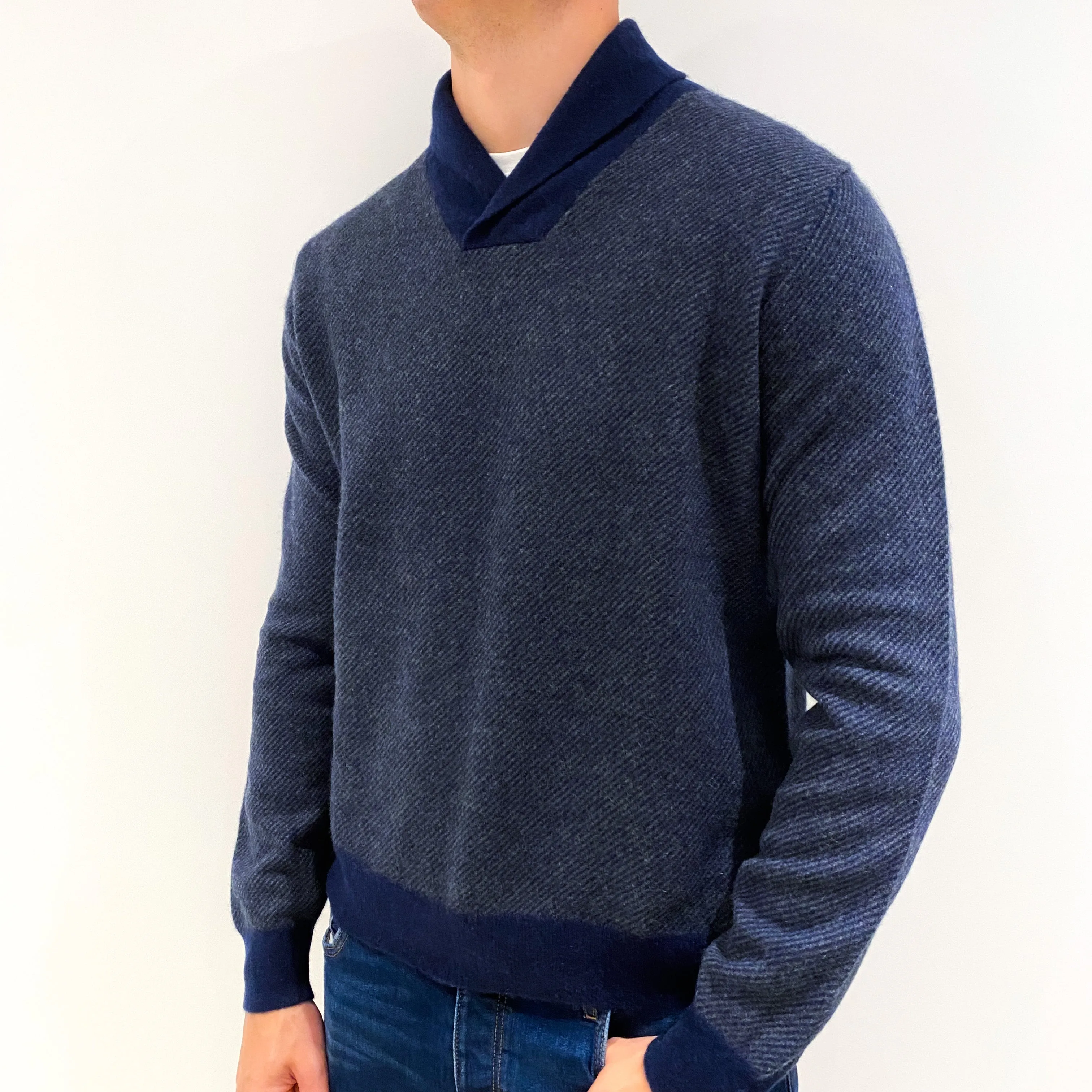 Men's Navy Stripe Cashmere Shawl Collar Jumper Extra Large