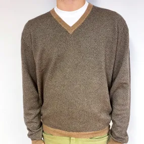 Men's Orvis Camel Grey Cashmere V-Neck Jumper Large