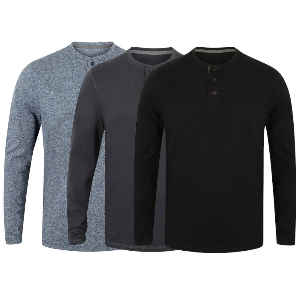Mens Washed Long Sleeve Soft Touch 3 Button Cotton Jersey T-shirt