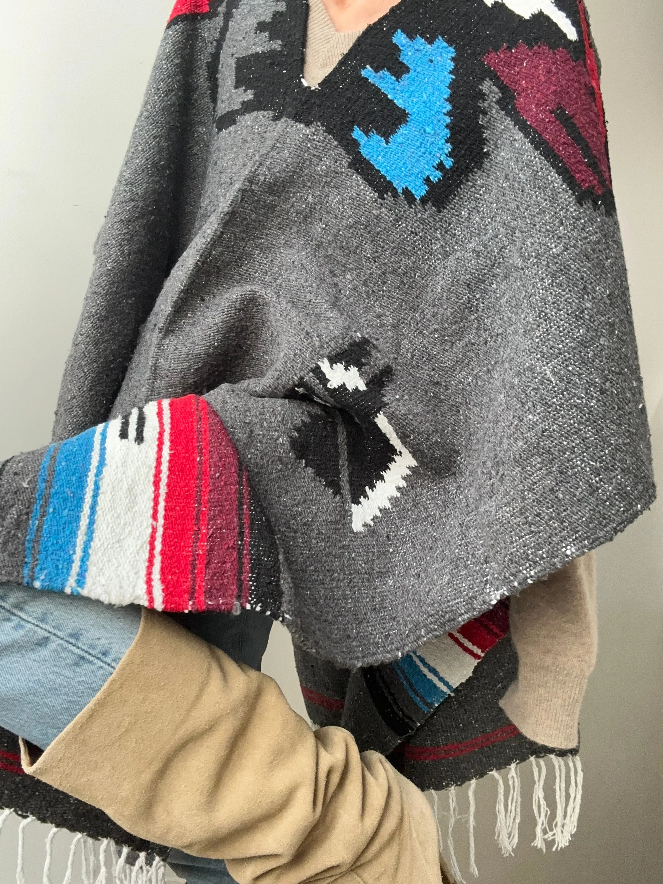 Mexican Poncho Grey & Blue