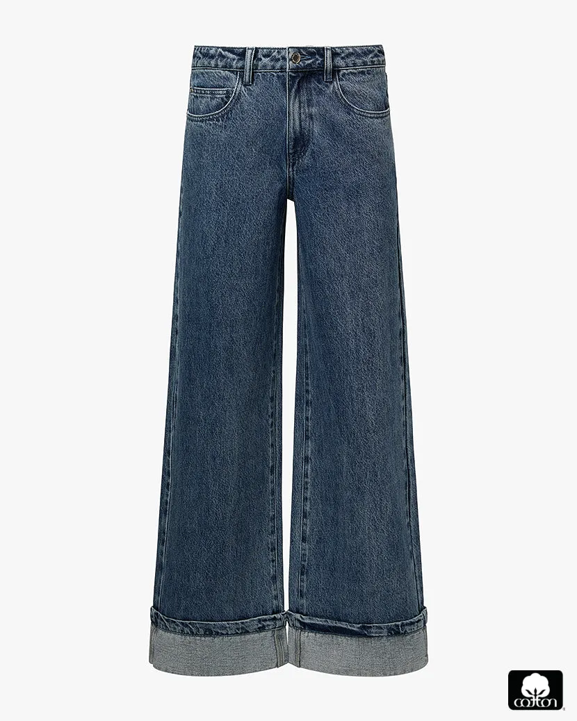 Mid Rise Cuff Straight Leg Jean