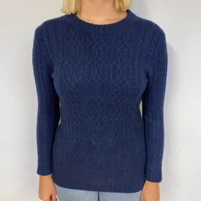 Midnight Blue Heavy Cable Cashmere Crew Neck Jumper Small