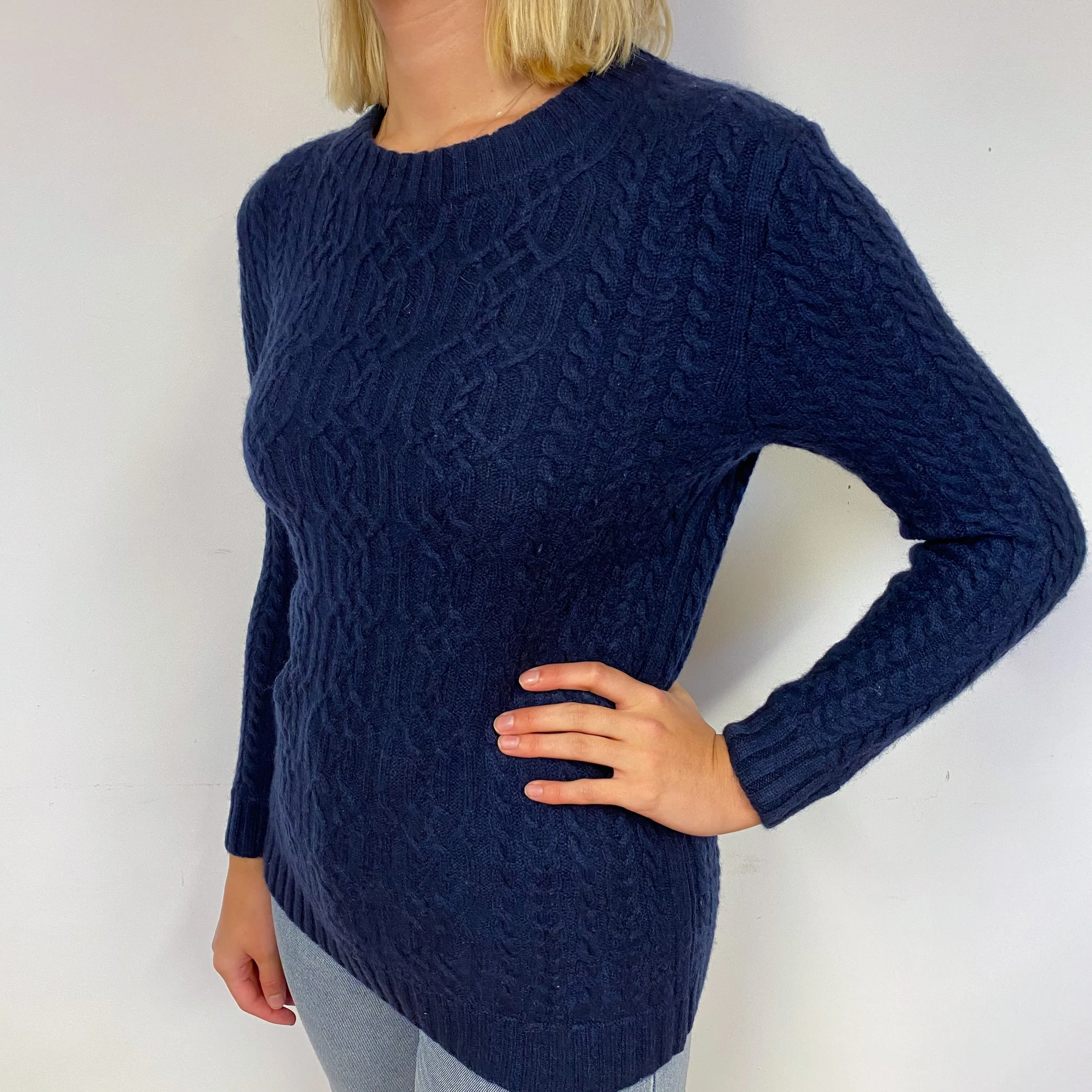 Midnight Blue Heavy Cable Cashmere Crew Neck Jumper Small