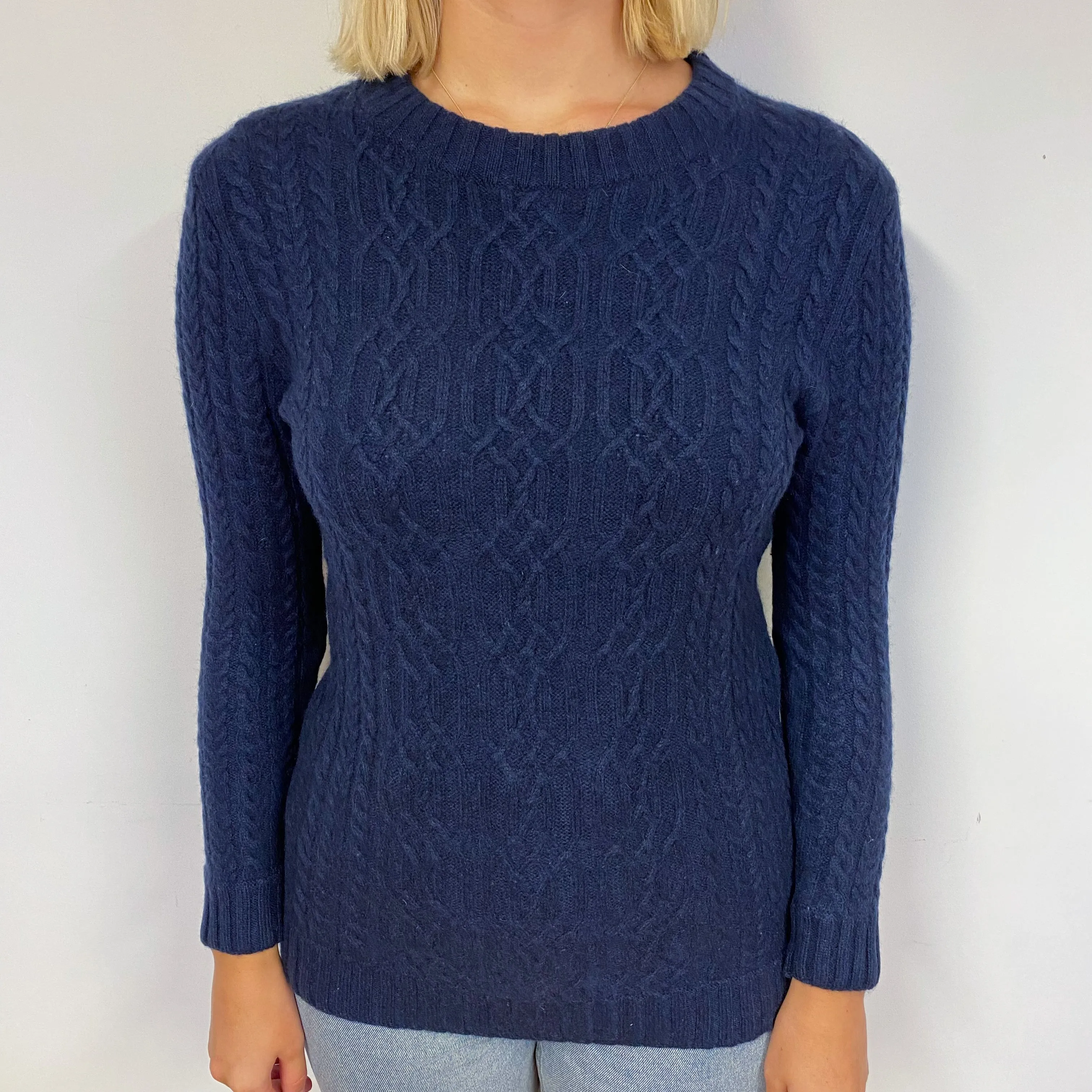Midnight Blue Heavy Cable Cashmere Crew Neck Jumper Small
