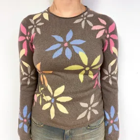 Mink Brown Floral Cashmere Crew Neck Jumper Small