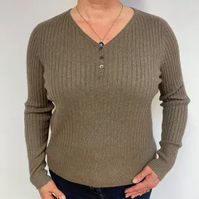 Mocha Brown Ribbed Cashmere V-Neck Jumper Large