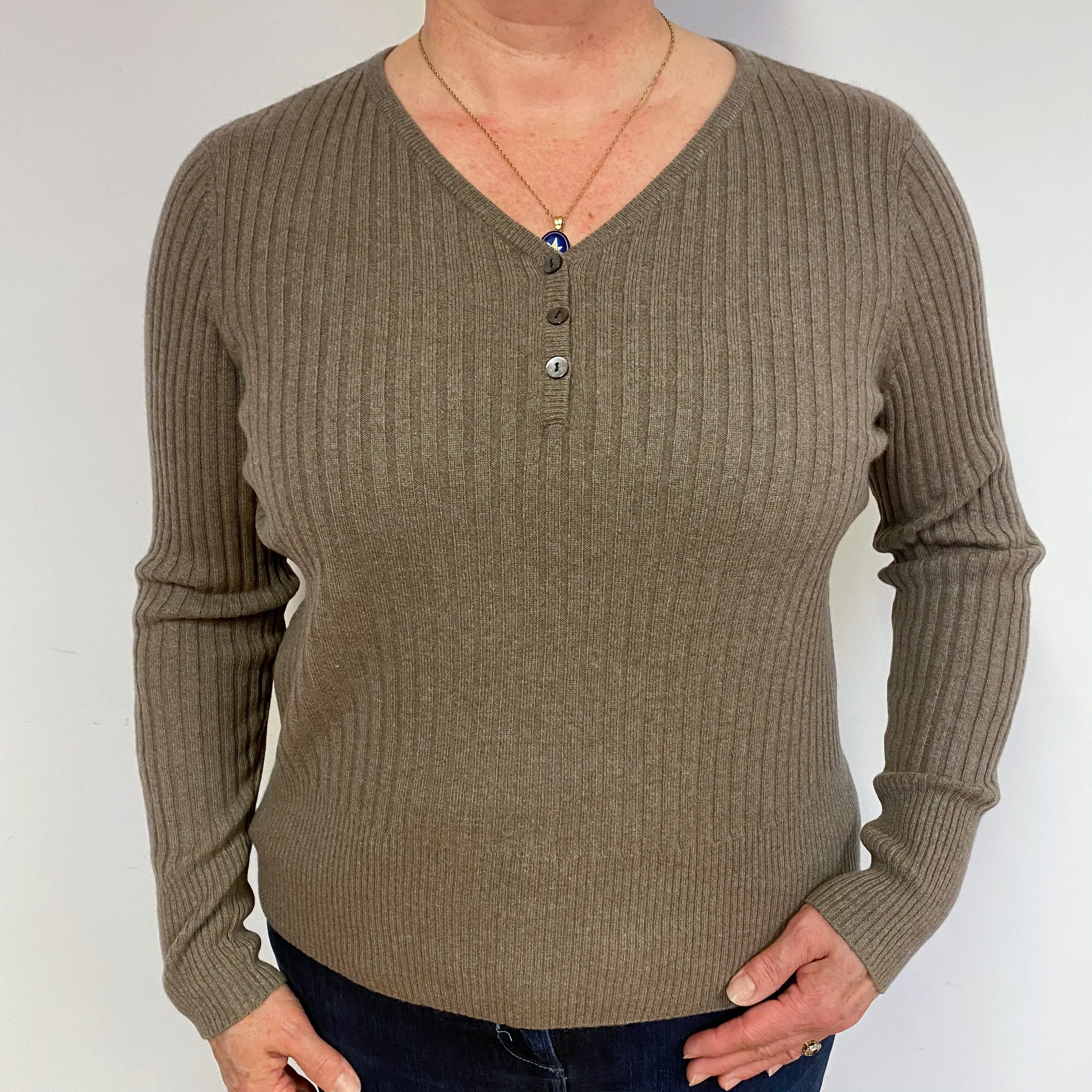 Mocha Brown Ribbed Cashmere V-Neck Jumper Large