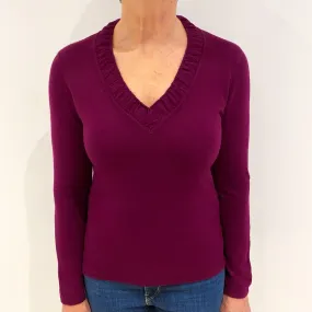 Mulberry Purple Cashmere Ruffle V Neck Jumper Medium