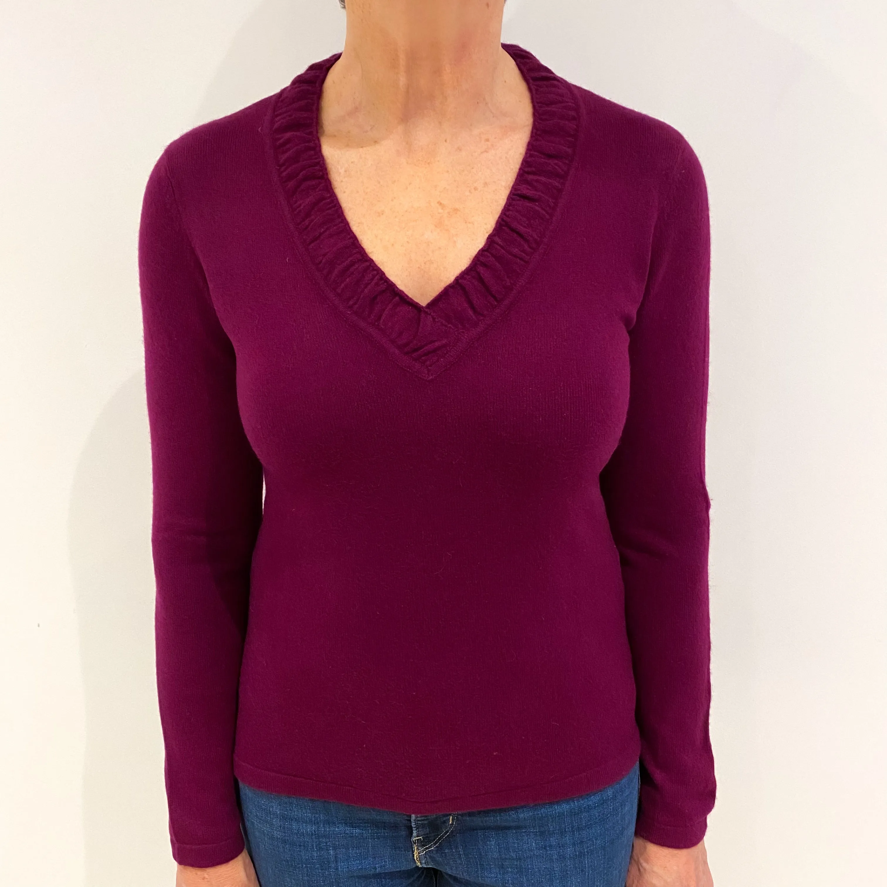 Mulberry Purple Cashmere Ruffle V Neck Jumper Medium