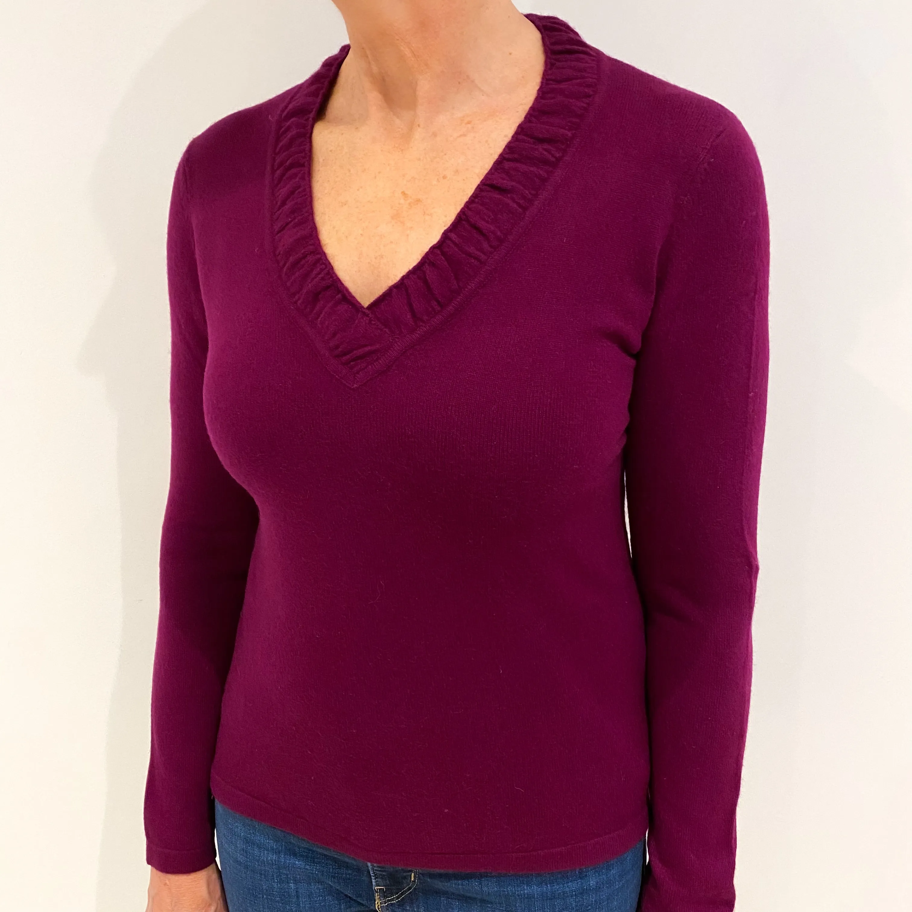 Mulberry Purple Cashmere Ruffle V Neck Jumper Medium
