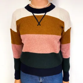 Multicolour Stripe Waffle Cashmere Crew Neck Jumper Small