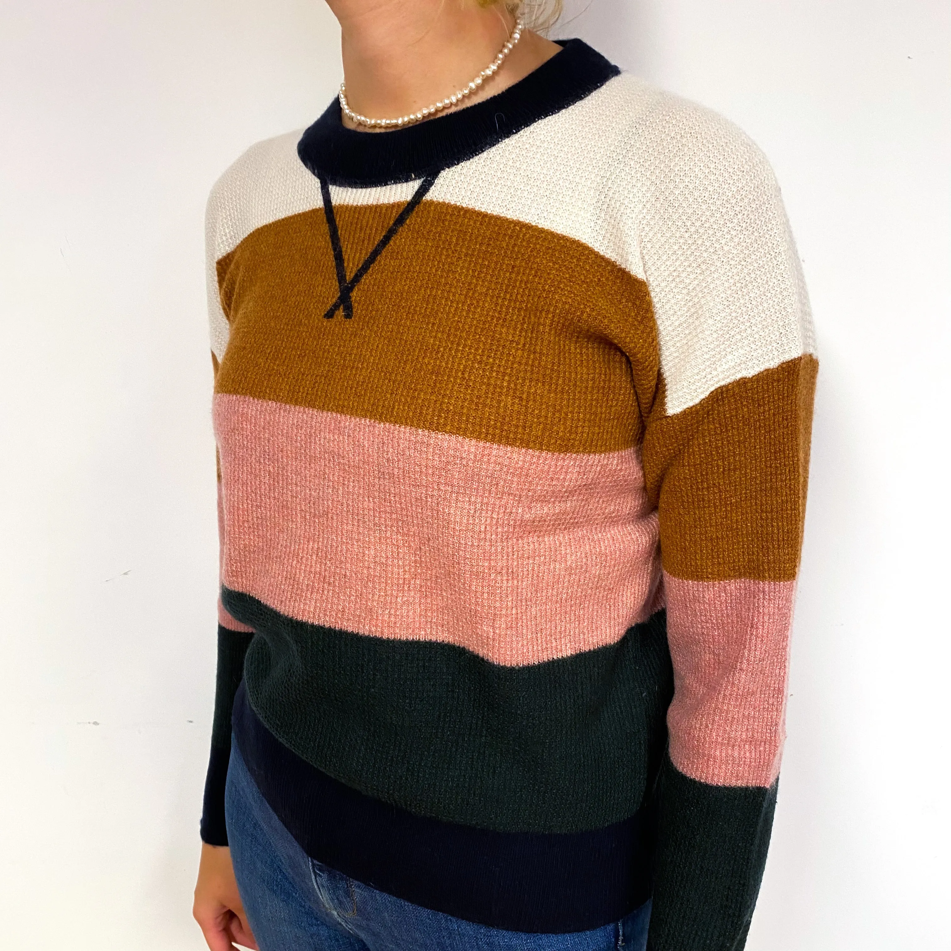 Multicolour Stripe Waffle Cashmere Crew Neck Jumper Small